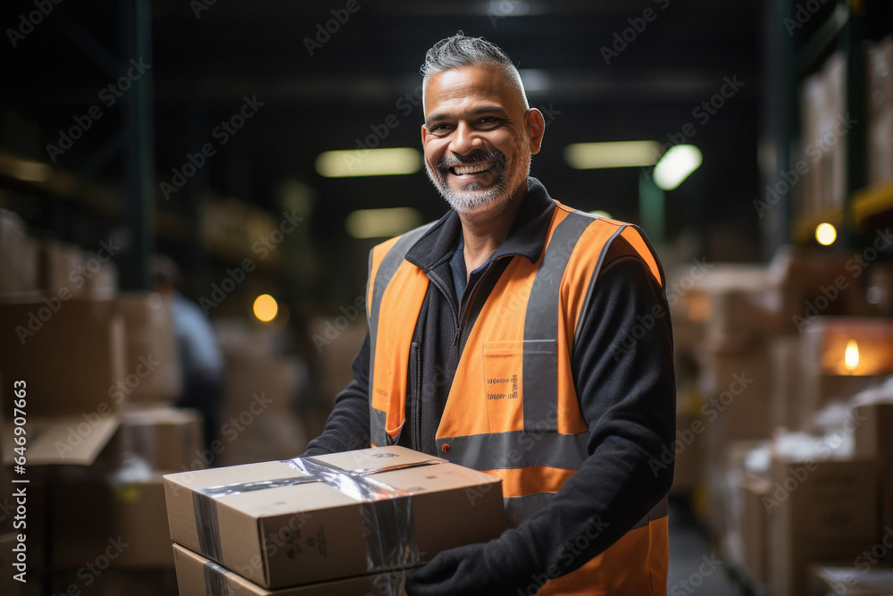 Indian man holding box in hand at warehouse Indian man holding box in hand at warehouse
