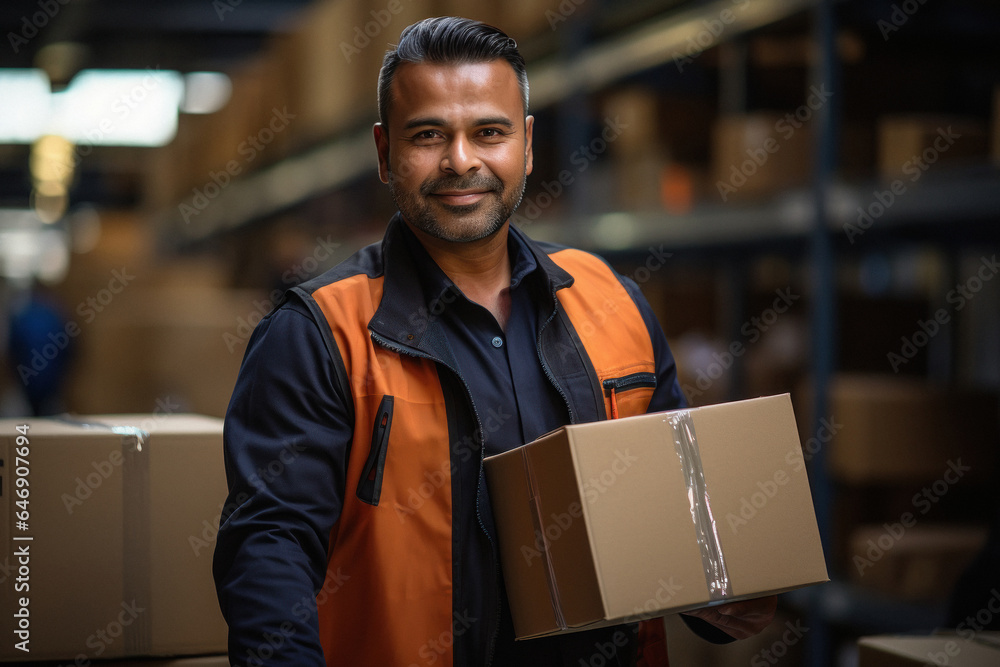 Indian man holding box in hand at warehouse Indian man holding box in hand at warehouse