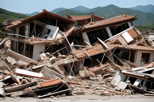 A house destroyed by an earthquake. Cityscape destroyed by a major earthquake. Generative AI.