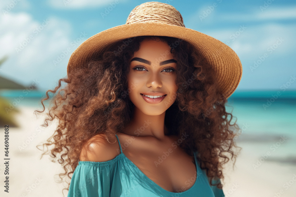 Young and beautiful woman wearing hat and standing at beach