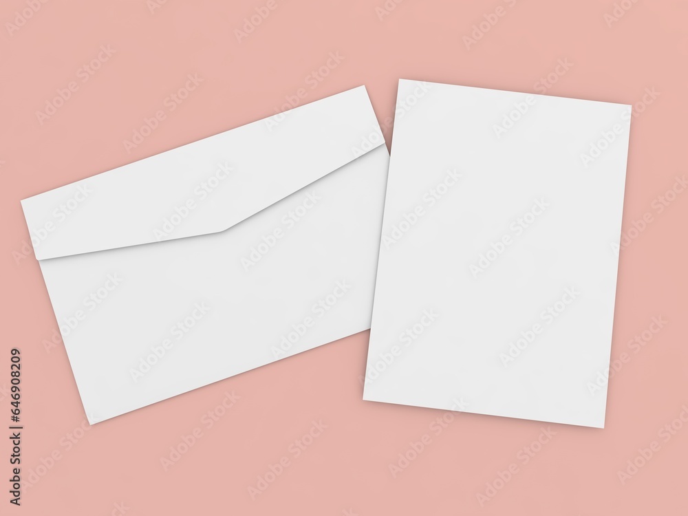 Envelope and sheet of A4 paper on a pink background. 3d render illustration. Envelope and sheet of A4 paper on a pink background. 3d render illustration.