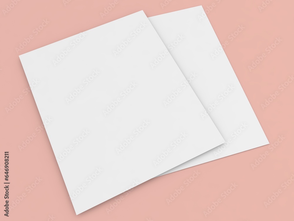 Two sheets of A4 paper on a pink background. 3d render illustration. Two sheets of A4 paper on a pink background. 3d render illustration.