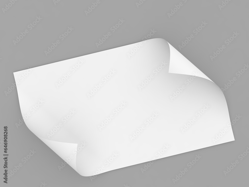 Sheet of A4 paper with curved edges on a grey background. 3d render illustration. Sheet of A4 paper with curved edges on a grey background. 3d render illustration.