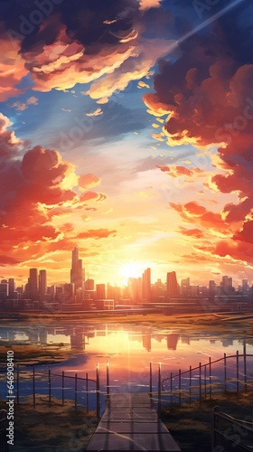 Sunset in the sky. AI generated art illustration.