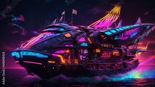 Neon Skies: Cyberpunk Pirate Ship Sailing the Night