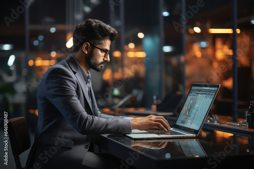 Leinwand Poster Young businessman or corporate employee using laptop at office.