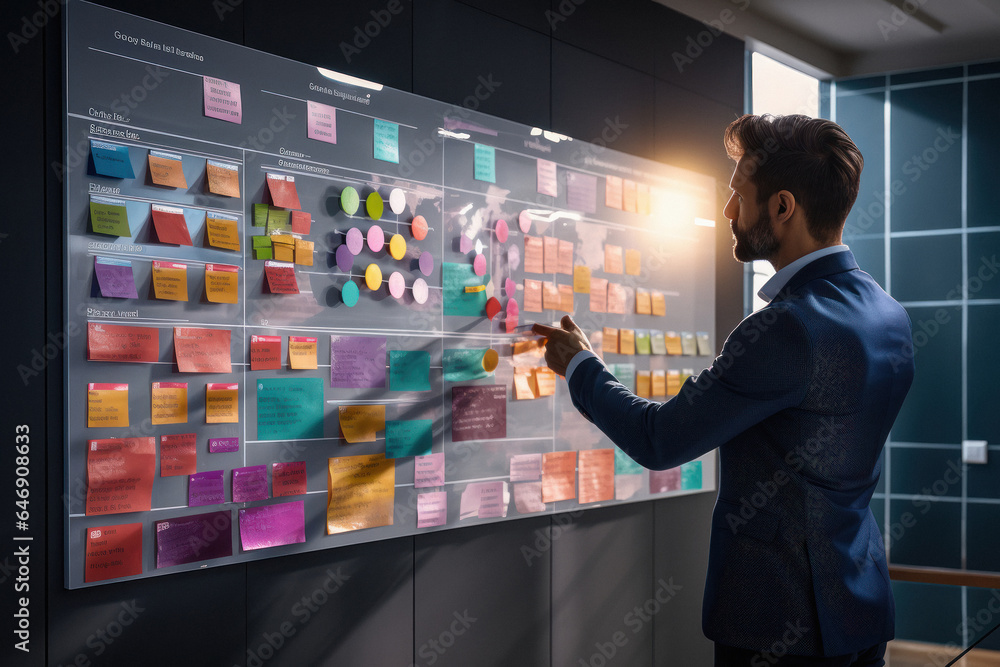 Businessman writing paper notes on board. planning of business process and reminder concept Businessman writing paper notes on board. planning of business process and reminder concept