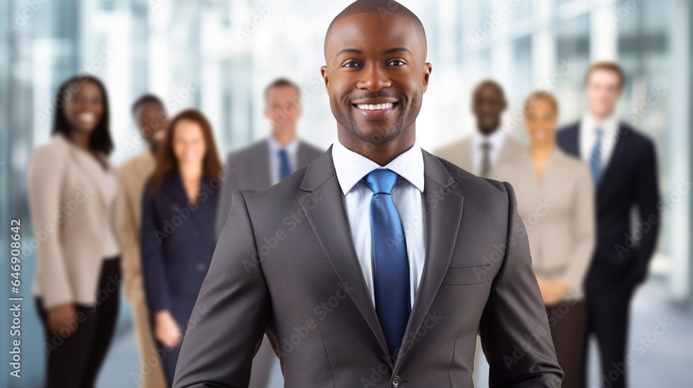 professional black businessman with crossed arms in front of business team professional black businessman with crossed arms in front of business team