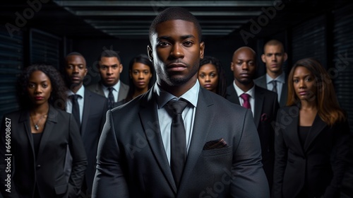 professional black businessman with crossed arms in front of business team