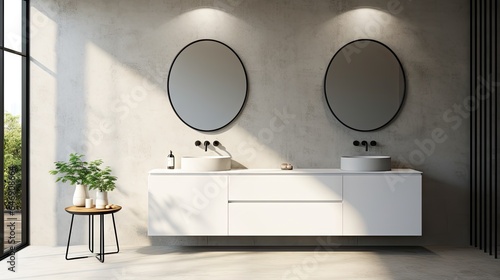 Minimalist bathroom with concrete wall  white cabinet  and oval mirrors above double sink with black faucet.