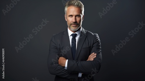 businessman crossing his arms while isolated on a gray background 