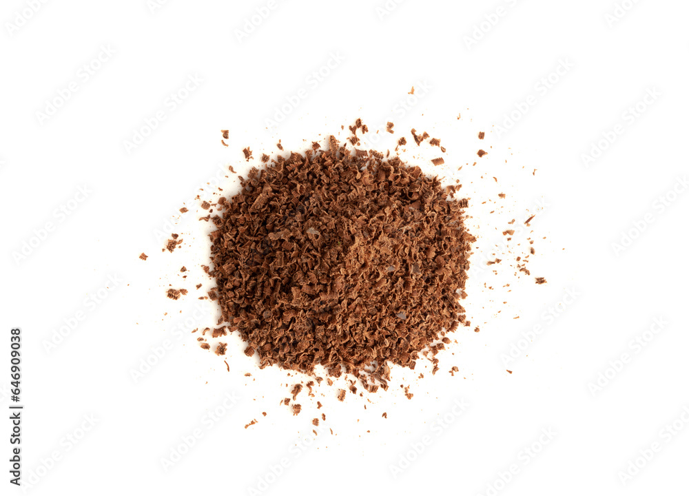 Grated Chocolate Pile Isolated, Crushed Chocolate Shavings, Crumbs, Scattered Flakes, Cocoa Sprinkles Grated Chocolate Pile Isolated, Crushed Chocolate Shavings, Crumbs, Scattered Flakes, Cocoa Sprinkles