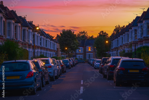 Sunset at a street of terraced houses around West Hampstead in London, England