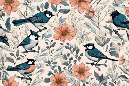 Seamless floral pattern with bird titmouse. Vector illustration.
