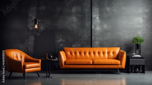 large living room with modern interior design with orange leather sofas and chairs for home against the background of a dark classic wall, Generative AI © Onchira