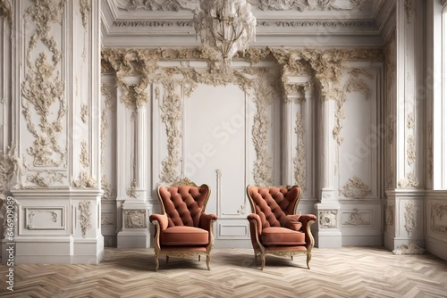 3d mural wallpaper Classic armchair in classic interior space.Walls with mouldings, ornate cornice Decorative columns and flowers