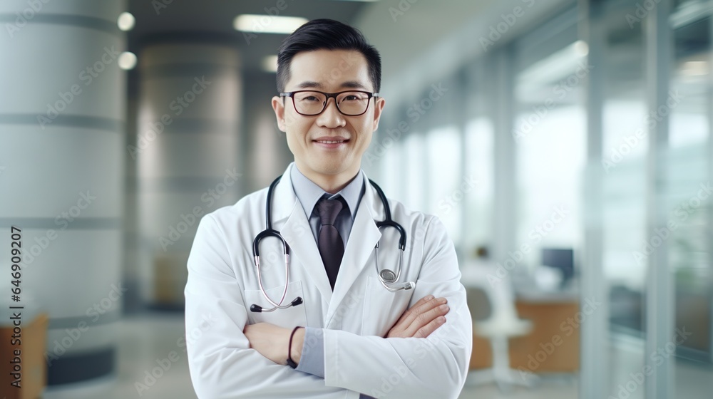 Portrait of smiling asian doctor looking at camera with crossed arms in hospital. generative ai Portrait of smiling asian doctor looking at camera with crossed arms in hospital. generative ai