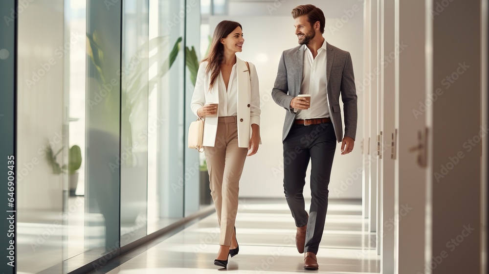business couple standing in front of office corridor business couple standing in front of office corridor