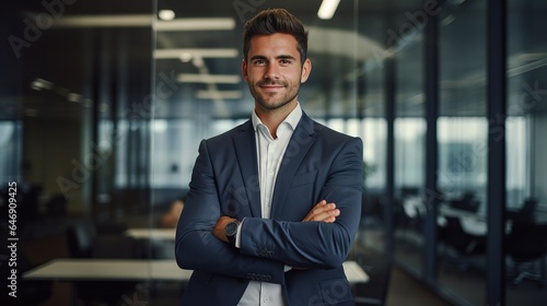 successful businessman inside office, standing with arms crossed