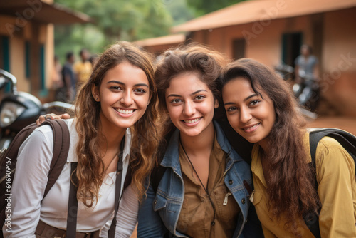 Three college girls student friends smiling together