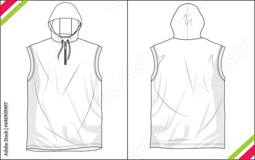 SLEEVELESS HOODIE WITH ZIPPER SKETCH FASHION TEMPLATE TECHNICAL DRAWING ILLUSTRATION SEWING PATTERN