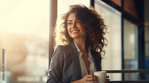 A woman smiles while enjoying a morning beverage at home or in an office setting, holding a mug of coffee or tea photo