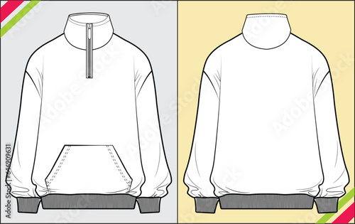 UNISEX ROLLNECK JACKET WITH POCKET AND QUARTER ZIPPER SKETCH FASHION TEMPLATE TECHNICAL DRAWING ILLUSTRATION