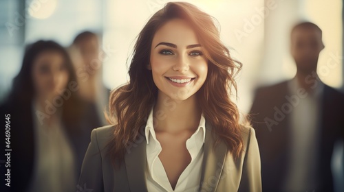 Close up of a business woman standing and thinking of successful vision at office
