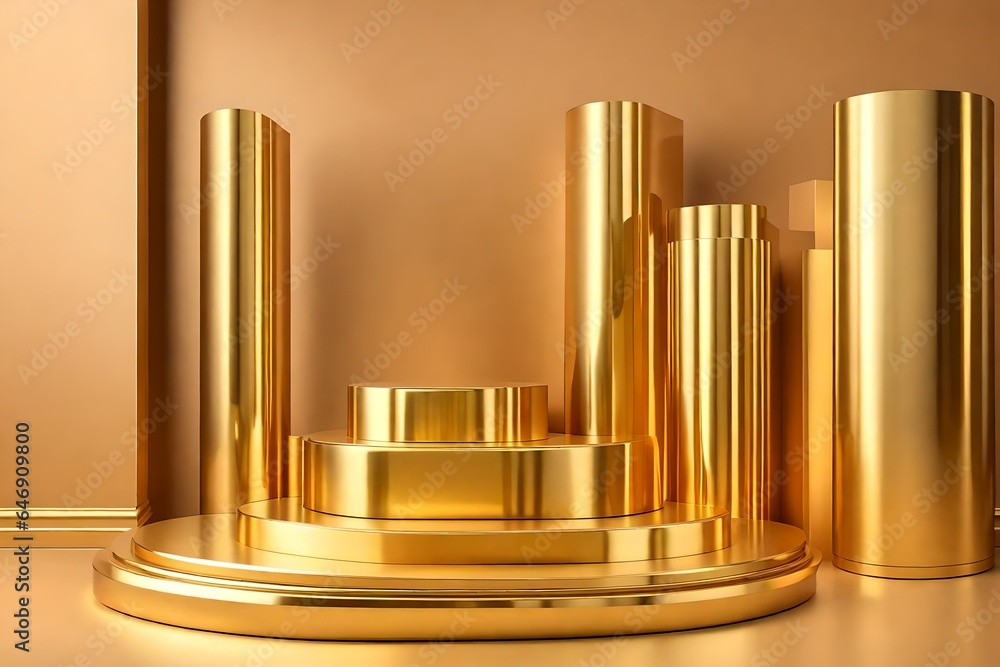 realistic brown, golden cylinder pedestal podium set, window shadow