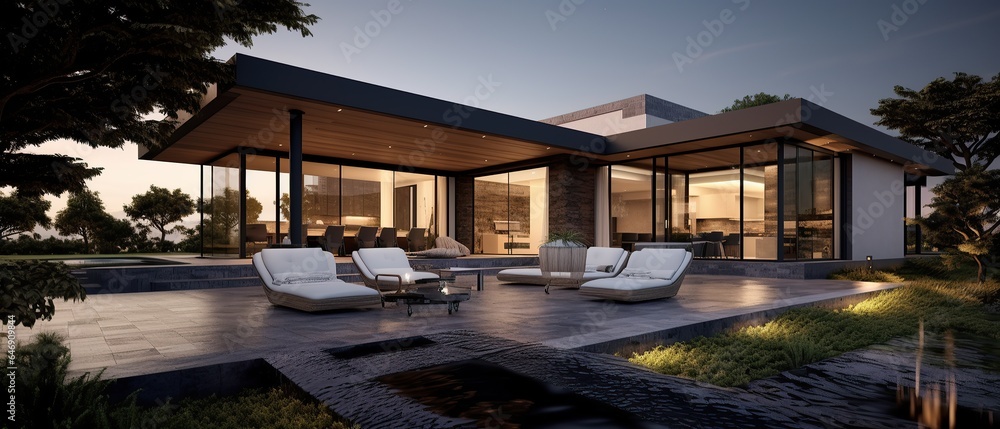 modern dark villa with open plan living and private chair wing with small terrace for relaxation, Generative AI - obrazy, fototapety, plakaty 