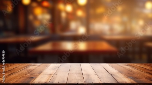 Blurred coffee shop and restaurant interior background with empty wooden table. Use for products display or montage. © Vusal
