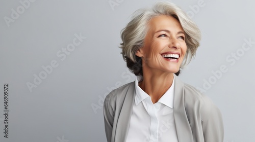 Smiling confident senior businesswoman, manager, or CEO with her arms crossed on a gray background.