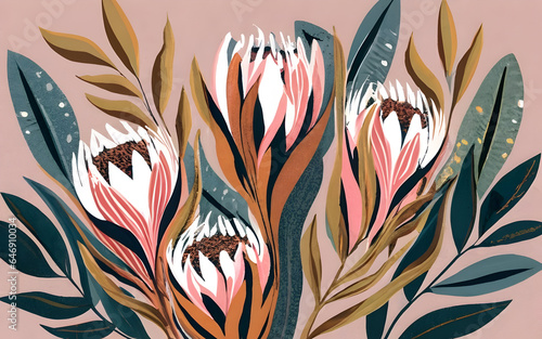 Protea Sugarbushes tropical flower modern abstract acrylic or gouache painting. Boho floral botanical illustration in natural nude colors with gold details. (ID: 646910034)