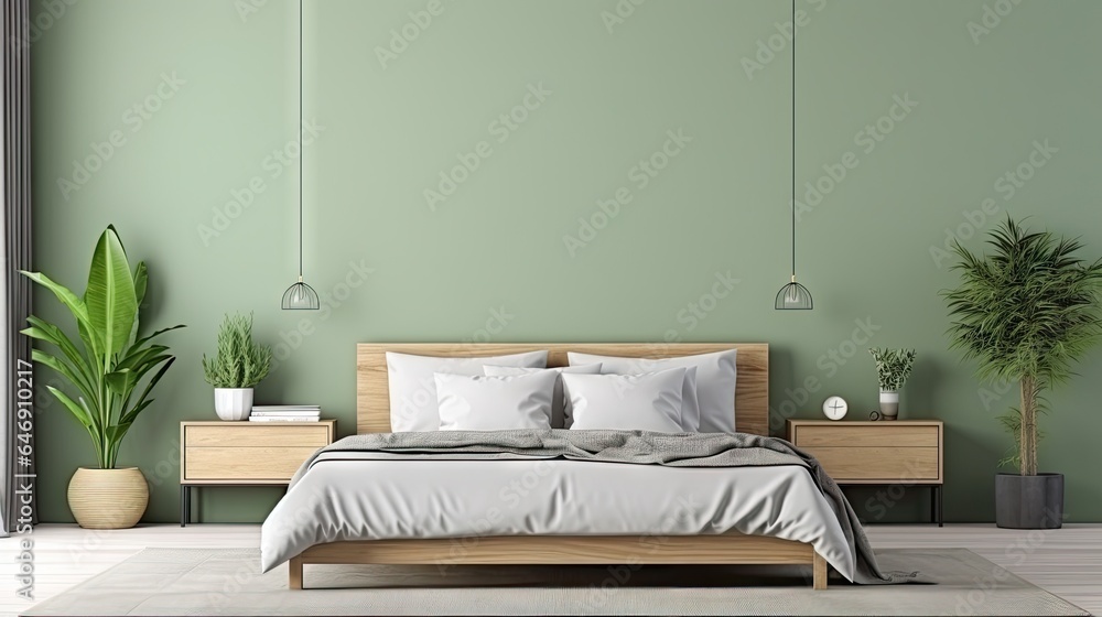 Scandinavian bedroom interior with black frame mockup, green wall, open door, wooden bed, and ceramic vase with dry grass.