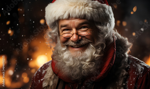 Smiling Santa Claus, Christmas lights background - Generative AI