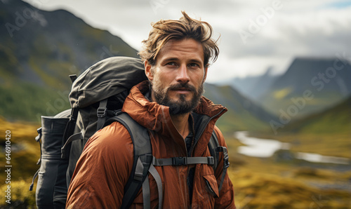 Autumn hike on mountain. Portrait of handsome bearded nordic man with backpack, hiker climbs top. Beautiful mountains landscape.