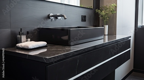 contemporary black bathroom furniture with white sink and black marble countertop seen from the side.
