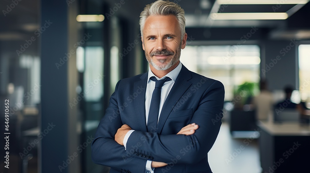 Contented middle-aged, senior business professional standing at his desk Contented middle-aged, senior business professional standing at his desk