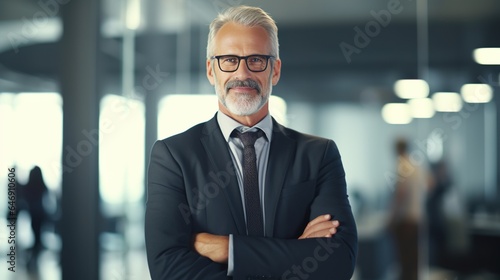 Portrait of a senior business man standing arms crossed in office. generative ai