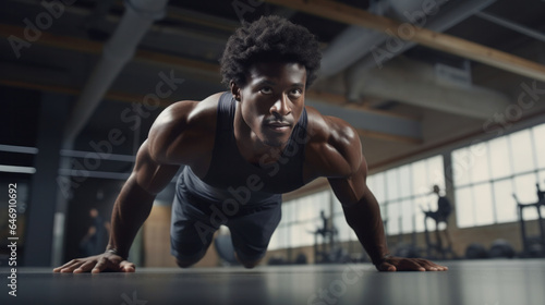 Empowering Transformation  Sweating Afro-American Athlete Builds Muscular Body with Pushups in Gym.