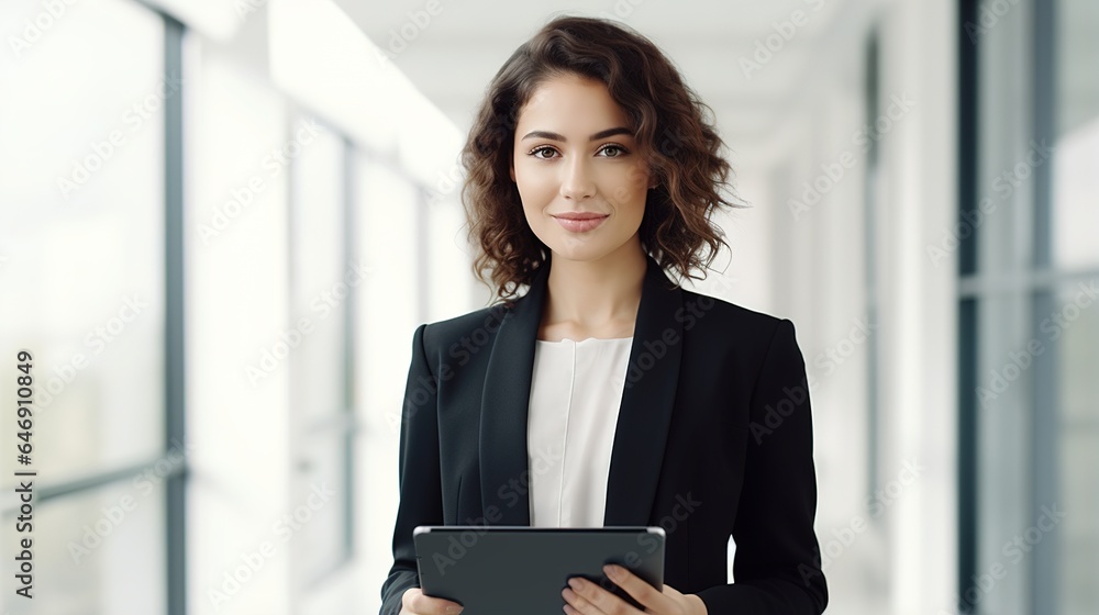 Businesswoman standing on a white office background holding a tablet Businesswoman standing on a white office background holding a tablet
