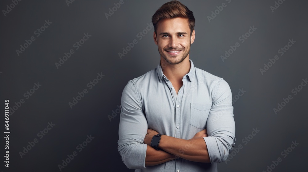 handsome man against a gray background