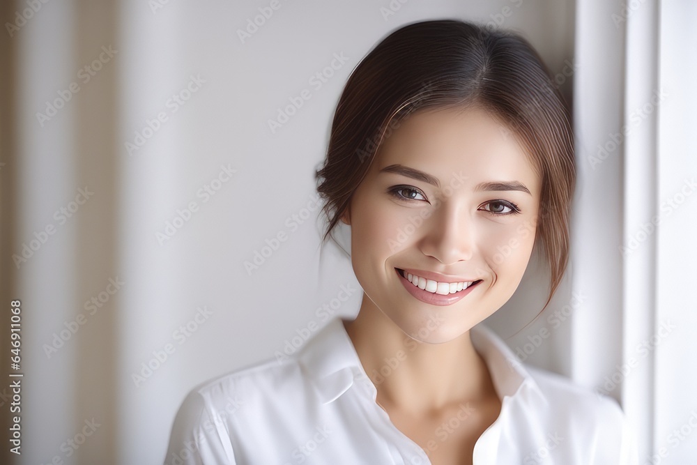 portrait of a smiling woman in white shirt portrait of a smiling woman in white shirt
