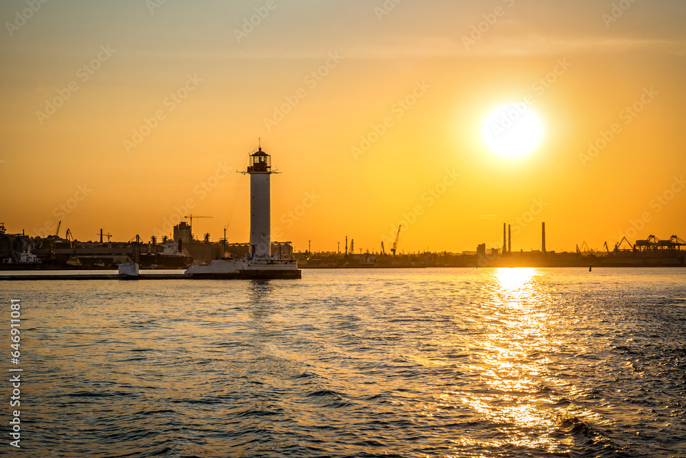 The Vorontsov Lighthouse in the Black Sea port of Odessa, Ukraine in the evening