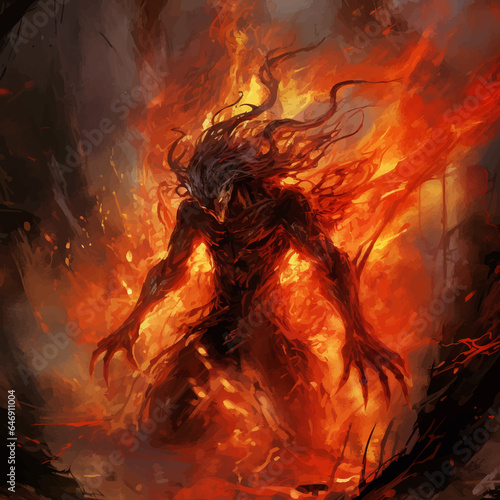 Flaming demon. Devil in the flames of fire. Fiery monster. Scary Fantasy monster. Terrible Fire Demon from hell. Red glowing eyes. Lord of Hell. Satan. Legend. Burning man. Ruler. Digital illustration