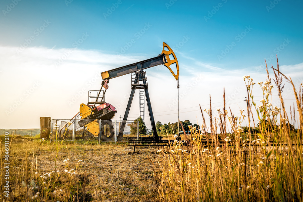 Working oil pump in the field at sunset