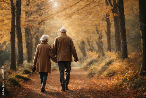 Loving Senior Couple Holding Hands an autumn park. ai generative