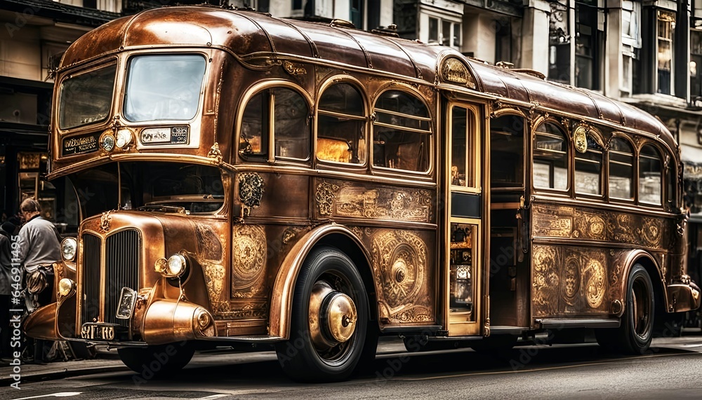 Obraz premium Steampunk bus, generative ai