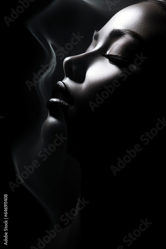 weibliches Beauty Model in sinnlicher, leidenschaftlicher Pose mit Rauch und Nebel. Low Key Portrait bei dramatischem Licht. Hochkant. Generative Ai.