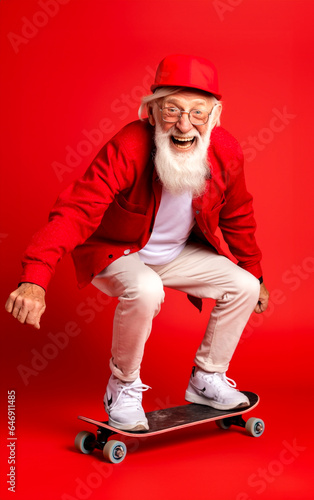 Funny and happy old man uses a skateboard and enjoys doing stunts - isolated on red background